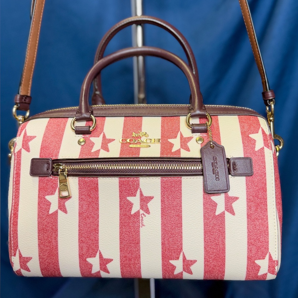 COACH Rowan Off-white Chalk Red Stars & Stripes Patriotic Satchel Crossbody Bag